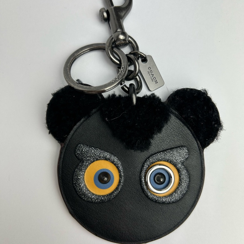 Coach FuzzyFace Black Owl Leather Animal Key Fob Chain Bag Charm